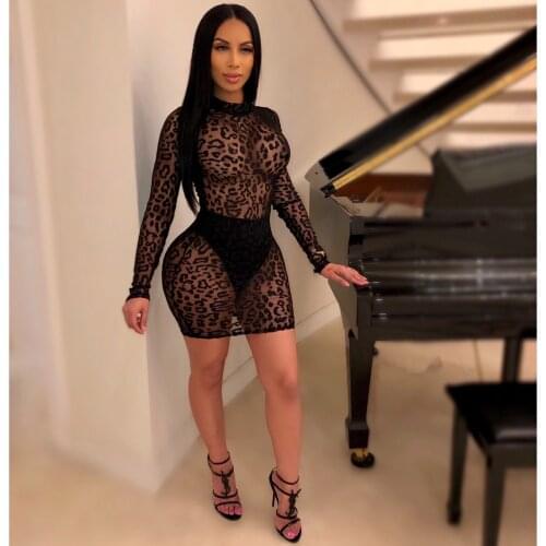 BKLD Party Night Club Sexy Leopard Printing Mesh See-through Bodycon Dress Autumn Women Long Sleeve Black Lace Skinny Mini Dress