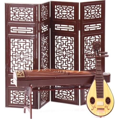 Exquisite Retro Dollhouse Miniature Folding Screen, 1/12 Dolls House Folding Screen/Flute/Lute/Guzheng/Fan Life Scene Ornament