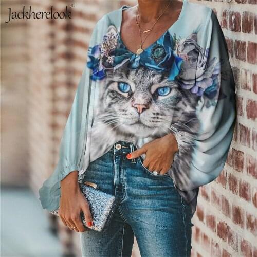 Jackherelook 2020 Plus Size Womens Blouse Cute Flower Cats Design Puff Long Sleeve Clothing Casual Ladies Tops Blouses Feminina