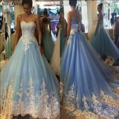 2021 Lace Appliques Blue Wedding Dresses Sweetheart Backless Court Train Vestido De Noiva Wedding Gowns Custom Made