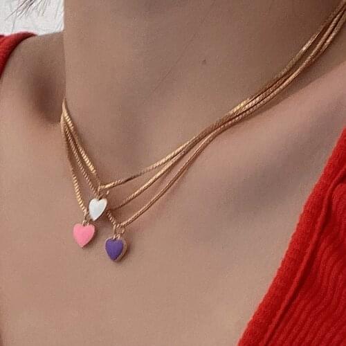 QiLuxy Fashion Enamel Heart Pendant Necklaces for Women Snake Chain Choker Necklaces Female Jewelry