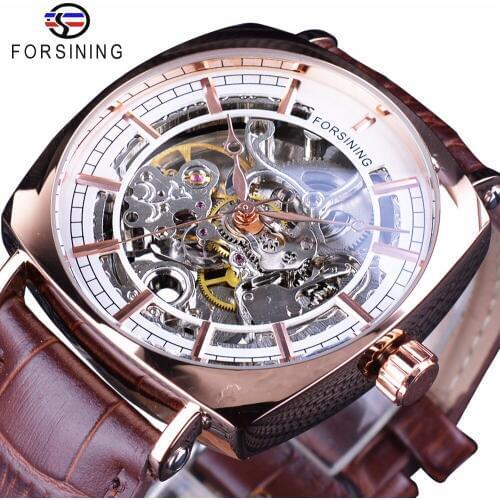 Forsining Brown Genuine Leather Fashion Royal Luxury Rose Golden Transparent Skeleton Men Automatic Mechanical Watches Top Brand