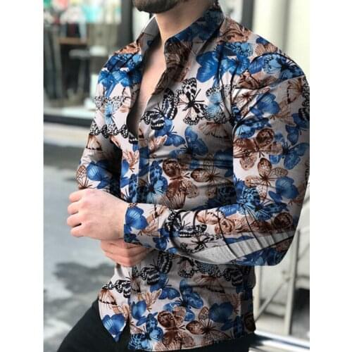 Mens Fashion Printed Butterfly Shirts Casual Blouse Slim Fit Male Social Business Dress Long Sleeve Tops Botton Autumn Clothing