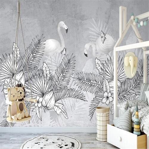Milofi custom 3D wallpaper mural hand-painted Nordic plants flamingo retro flowers and birds palm tree background wall