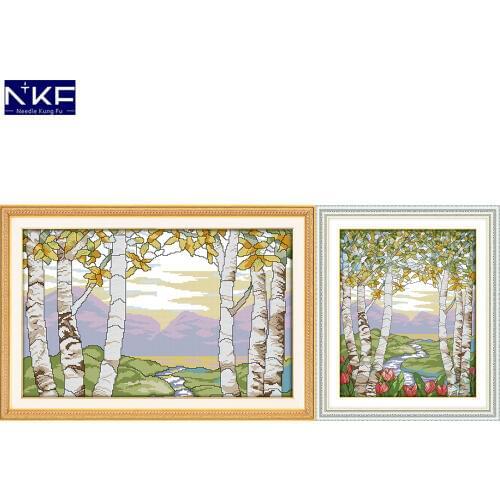 NKF Birches In The Summer Stamped Cross Stitch DIY Kits Needlework Embroidery Set Chinese Cross Stitch for Home Decor