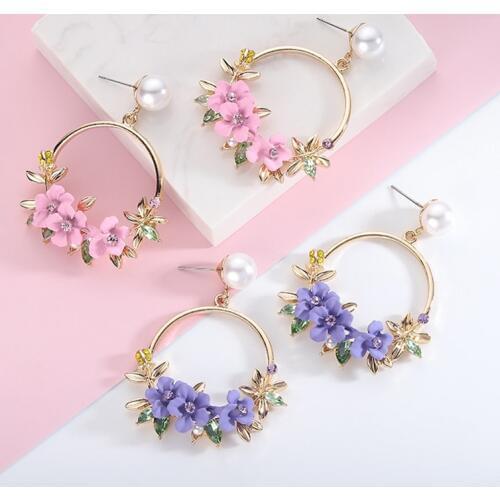 New flower earrings ins colored soft clay cherry blossom earrings Ring lace ring pearl Birthday gift wild dinner jewelry