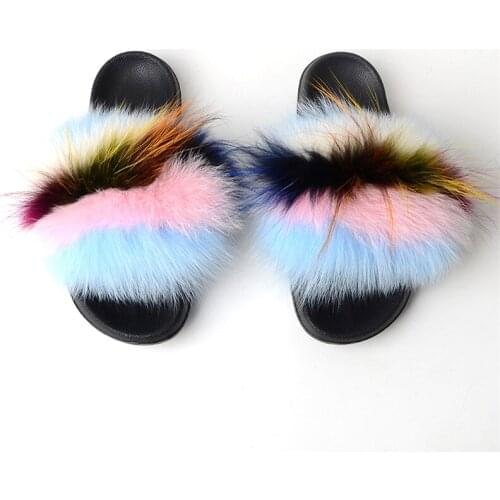 Wholesale Womens Soft Fox Fur Slippers Ladies Fluffy Slides Home Plush Shoes Girls Casual Beach Sandals Furry Flat Flip Flops