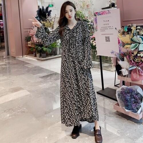 Autumn Maternity Nursing Clothes Vintage Floral Dress Drawstring V-Neck Long Flare Sleeve Postpartum Women Chiffon Dress Loose