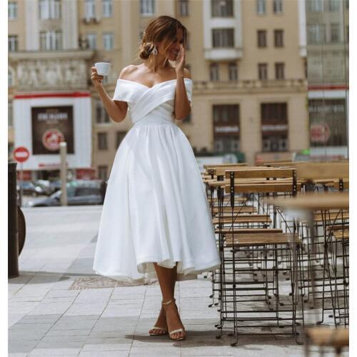Simple Spring A Line Wedding Dresses Off Shoulder Tea-Length Pleated Bridal Gowns Lace Up Corset Wedding Dress