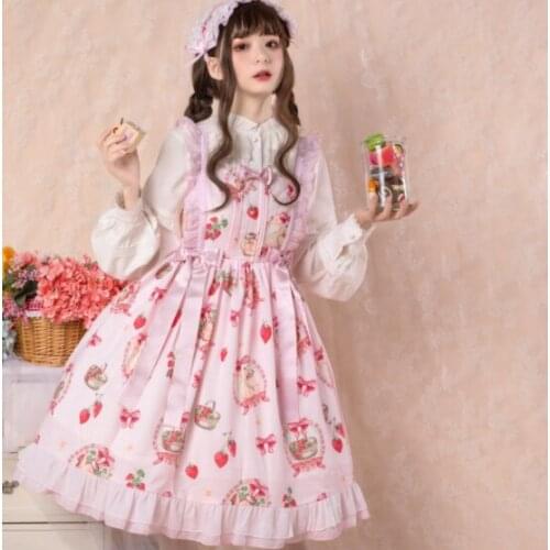 Pink Strawberry Rabbit Sweety Lolita Dress Christmas Cartoon Japan Print Dress Girls Kawaii Bow Party Red Princess Dresses