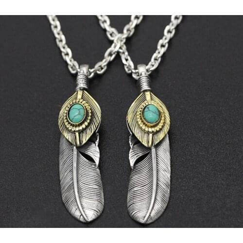 S925 Sterling Silver Jewelry Vintage Thai Silver Handmade Turquoise Eagle Feather Pendant