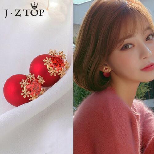 JZTOP Cute Scrub Round Ball Ear Studs Crystal Snowflake Flower Stud Earrings Fashion Women Double Sides Earring Charm Jewelry