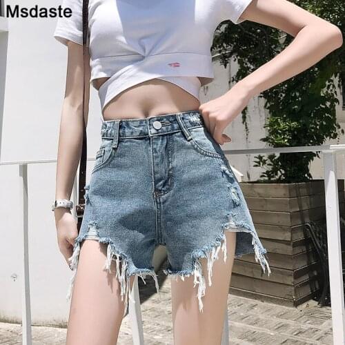 Jeans Shorts Women Summer High Waist Tassels Loose Wide Leg Casual Lady Shorts Blue Vintage Jeans Woman Ripped Shorts