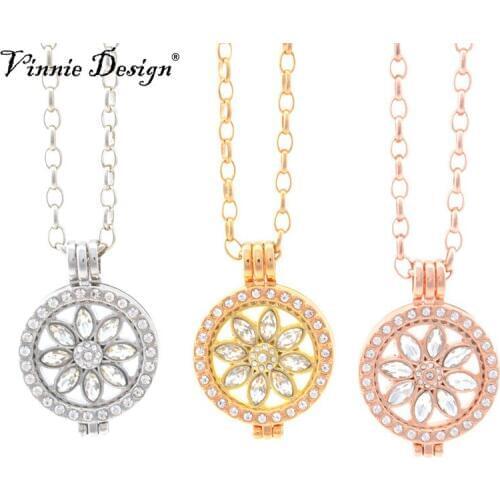 Vinnie Design Jewelry My Coin Pendant Necklace with Lotus Flower Crystal Coin and 25mm Coin Holder Frame Plus 45cm Link Chain