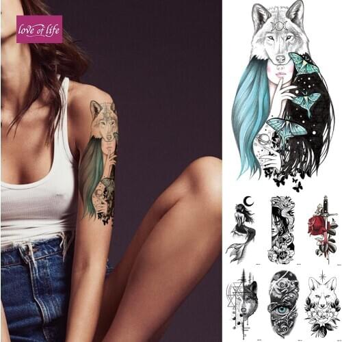 Wolf Girl Temporary Tattoo Sticker Rose Flowers Flash Waterproof Tattoos Snake Dragon Body Art Arm Fake Tatoo Women Men