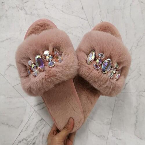 Big Size Fashion Woman Furry Slippers Shoes 2021 New Peep Toe Women Slides Flat Slip on Warn Fur Fluffy Slippers Female Slides