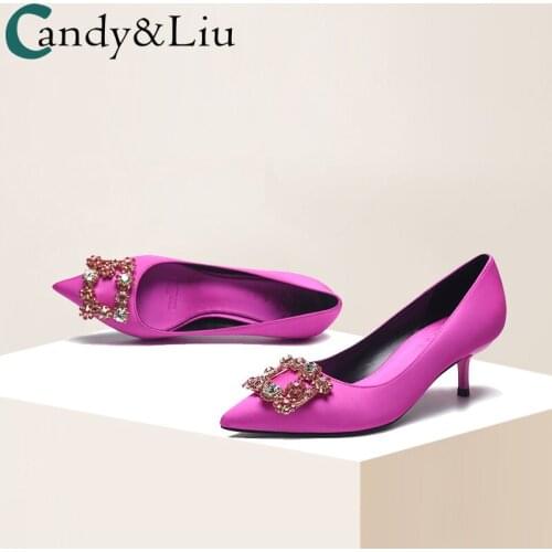 Sexy Celebrity High Heels Europe Station Rose Red 5cm Rhinestone Square Buckle Dress Middle Heel Pointed Thin Heel Womens Shoes