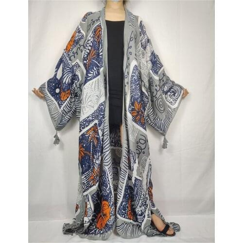 Bohemian Casual Long Sleeve Kimonos with Tassle For Women 2021 Summer Beach Cover Up Swimmer Wear Cardigan Muslim Kaftan