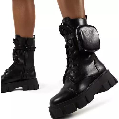 Winter Fashion Motorcycle Boots Wedges Flat Boots Woman High Heel Platform Leather Boots Lace Up Women Shoes Black Botas Mujer