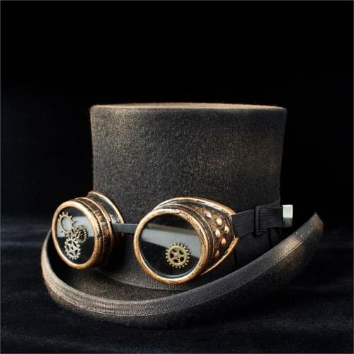 2019 100% Handmade Wool Women Men Steampunk Top Hat With Punk Gear Glasses Topper Shower HatMad Hatter Magic Hat
