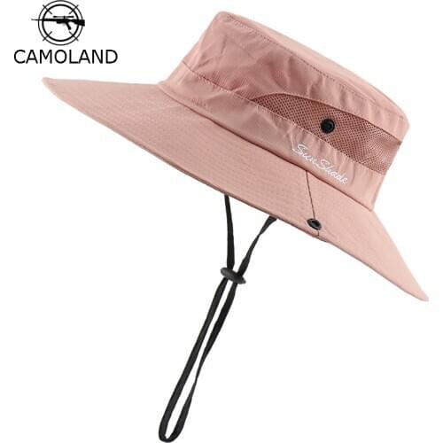CAMOLAND Summer Wide Brim Bucket Hat For Women Ponytail Cap Outdoor UV Protection Sun Hat Female Breathable Fishing Hiking Caps