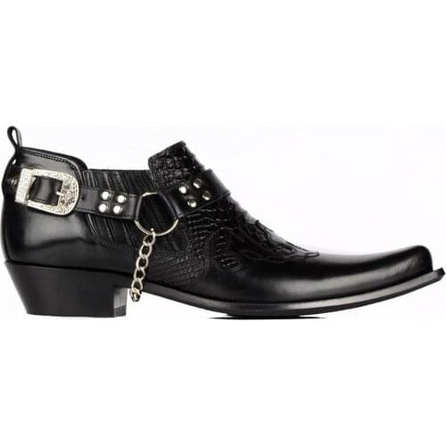 FootCourt Black Cowboy Ankle Shoes For Men Genuine Leather Western Stitch Motorcycle Shoes Pointed Toe Elastic Sides Handcrafted