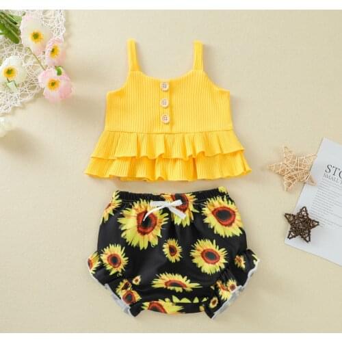 2pcs Children Clothes Sets Toddler Girls Solid Color U-Neck Ruffled Camisole+ Sunflower Print Shorts Outifits Summer Clothing