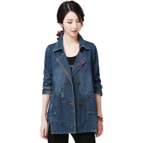 Suit Collar Denim Short Jacket Women 2021Spring Autumn New Loose Female Owboy Coat Double Breasted Large Size Jeans Outwear L633