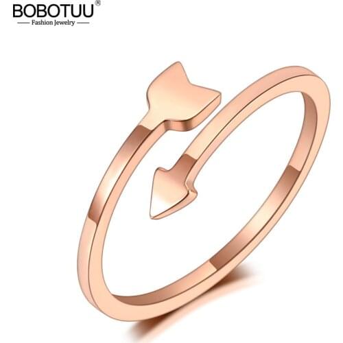 BOBOTUU Fashion Office Titanium Stainless Steel Love Arrow Rings Rose Gold Simple Cocktail Party Ring For Women Girls BR20022