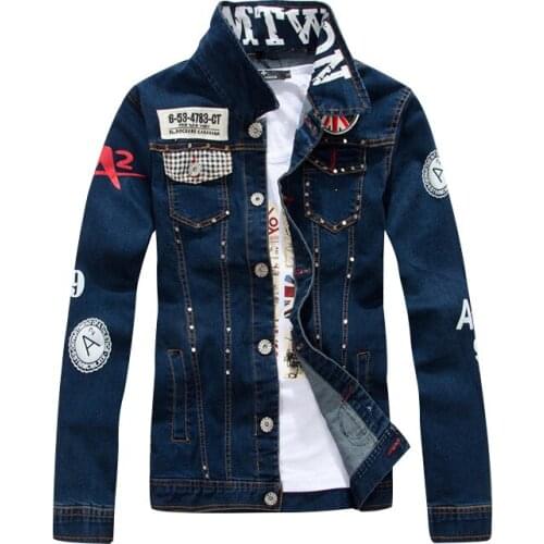 Mens Fashion Denim Mens Slim Washed Denim Stitching Pattern Rivet Personality Slim Blue Jacket Autumn Style High Street