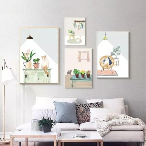 Wall Art Abstract Cartoon Lovely Cat Green Plants Posters Prints Nordic Canvas Paintings Living Room Bedroom Corridor Decoration
