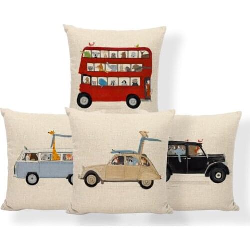 Novel Animal Outing Pillowcase Car Giraffe Penguin Elephant Bear Fox Tram Decoration Cushion Set Whale Polyester Linen Pillow