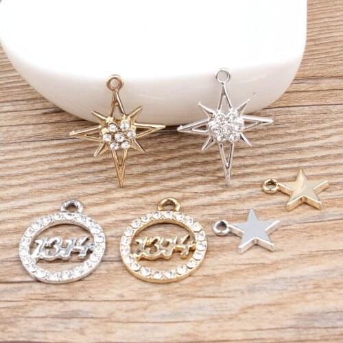 New Jewelry Charms Silver Gold Tone Plated Alloy Crystal Rhinestone Bracelet Charms Flower Stars Round Letters Necklace Pendant