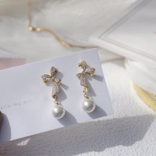 New Design Pearl Bowknot Stud Earrings for Women Lovely Shiny Inlaid Zircon Party Jewelry Accessories Wedding Gift