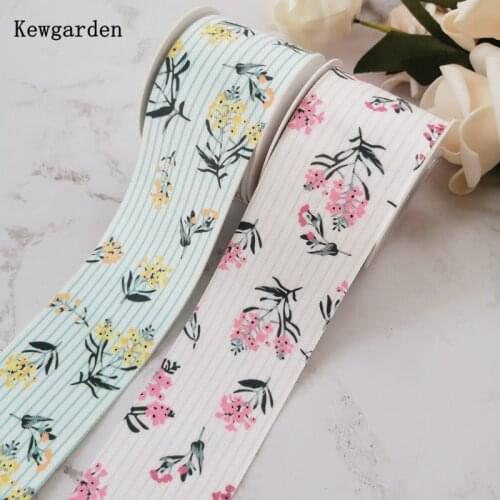 Kewgarden Floral Stripe Ribbon 1" 1-1/2" 10mm 25mm 38mm Handmade Crafts DIY Bow tie Hair Accessories Flower Gift Packing 10 Yard