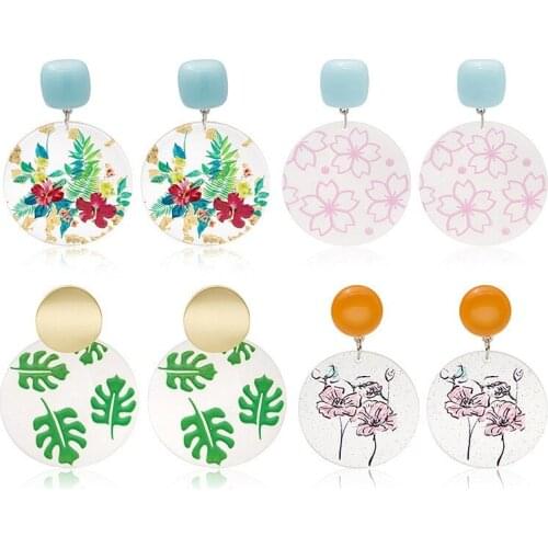 Retro Acrylic Round Balanopsis lanceolata Pendant Earrings For Women Girls Fashion Geometric Charms Stud Ear Jewelry Gifts