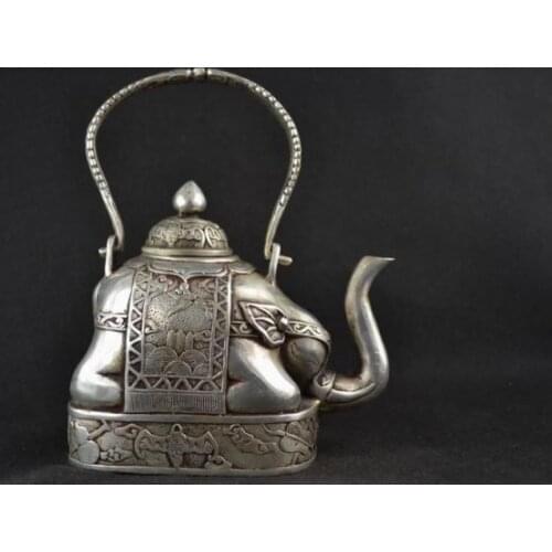 Old Collectibles Decorated Handwork Miao Silver Carve Elephant Lucky Big Tea Pot