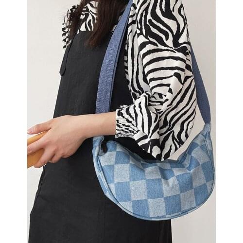 Vintage Plaid Women Canvas Shoulder Bag Simple Design Ladies Half-moon Crossbody Bags Female Foldable Shopping Handbags Hobos