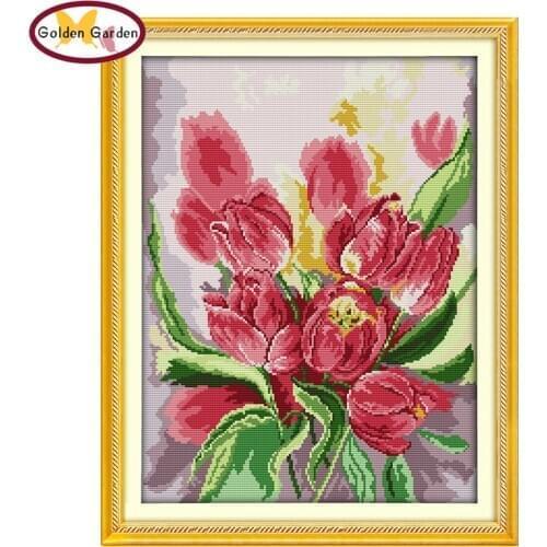 GG Pink Tulip Stamped Cross Stitch Patterns 11CT14CT DIY Kits Needlework Embroidery Chinese Cross Stitch Sets for Home Decor