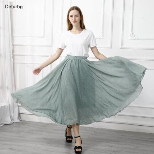 Top Quality Cotton Linen Maxi Skirt Womens Casual Elastic High Waist Pleated Flowy A-Line Beach Skirts Boho Faldas Jupe SK901