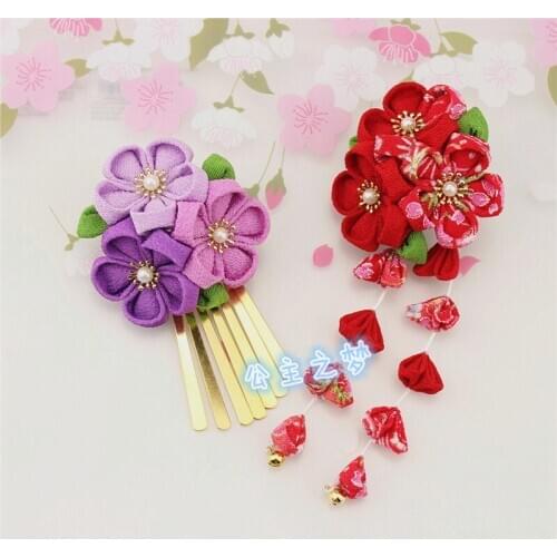 Japanese Style Sakura Crape Kanzashi Hair Ornament Wisteria Tassels Flower Red Pink Kimono Yukata Hairpin Accessory Handmade