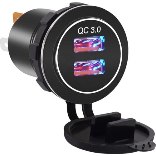 QC 3.0 Dual USB Charger Blu-ray Car Charger Car Mobile Phone Charger Aluminum Dual USB Waterproof Charging Socket Adapter