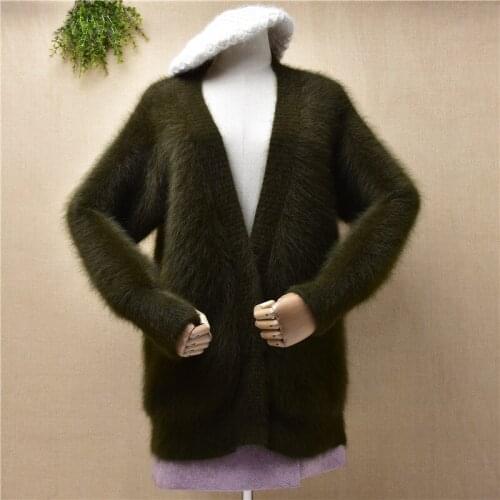 Female women Fall Winter hairy mink cashmere knitted long sleeves loose cardigans mantle angora rabbit hair jacket coat sweater