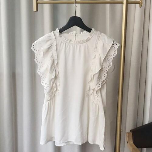 Sleeveless Cotton Blouse Female Ruffle Neckline Tops Elegant Drop Closure Hollow Out Blouses Vintage Chic Chemises Hauts