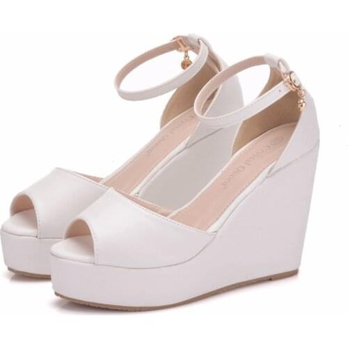 Crystal Queen Superior Bohemian Wedges Women Sandals For Ladies Shoes High Platform Open Toe White Pu High Heel Pumps Wedges