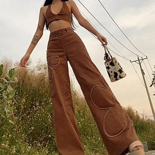 Y2K Aesthetic Baggy Jeans Women Brown Vintage 90s Wide Leg Pants Flower Patches High Waist Straight Denim Trousers 2021 Fashion