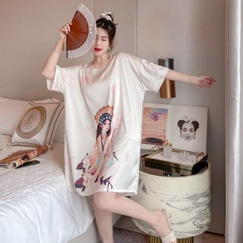 Womens Spring Summer New Ice Silk Sleepshirts Casual O-Neck Nightgown 3/4 Sleeve Nightdress Chinese Style Cartoon Print Pyjamas