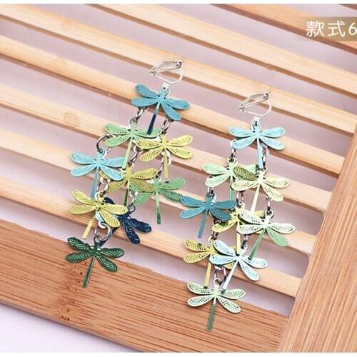 JIOFREE Fashion Long Vintage Colorful dragonfly Clip on Earrings for Women Boho Statement Non Pierced Charm Jewelry