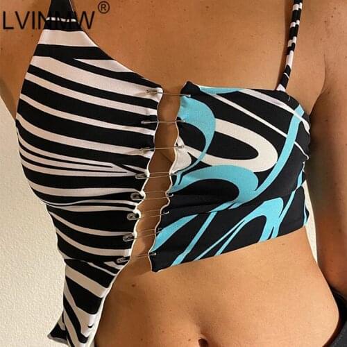 LVINMW Asymmetrical Spaghetti Straps Striped Sexy Slim Crop Top Sleeveless Hollow Out Print Pin Buckle Casual Fashion Women Tops