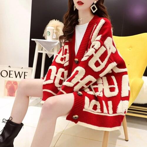2021 Letter Sweater Cardigans Women Casual Long Sleeve Letters Caridgan Female Knitted Jacket Appliques Oversized Sweater Coats